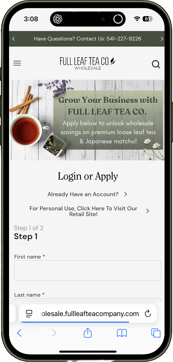 Full Leaf Tea Company Wholesale Website Screenshot Screenshot of Full Leaf Tea Company Wholesale website